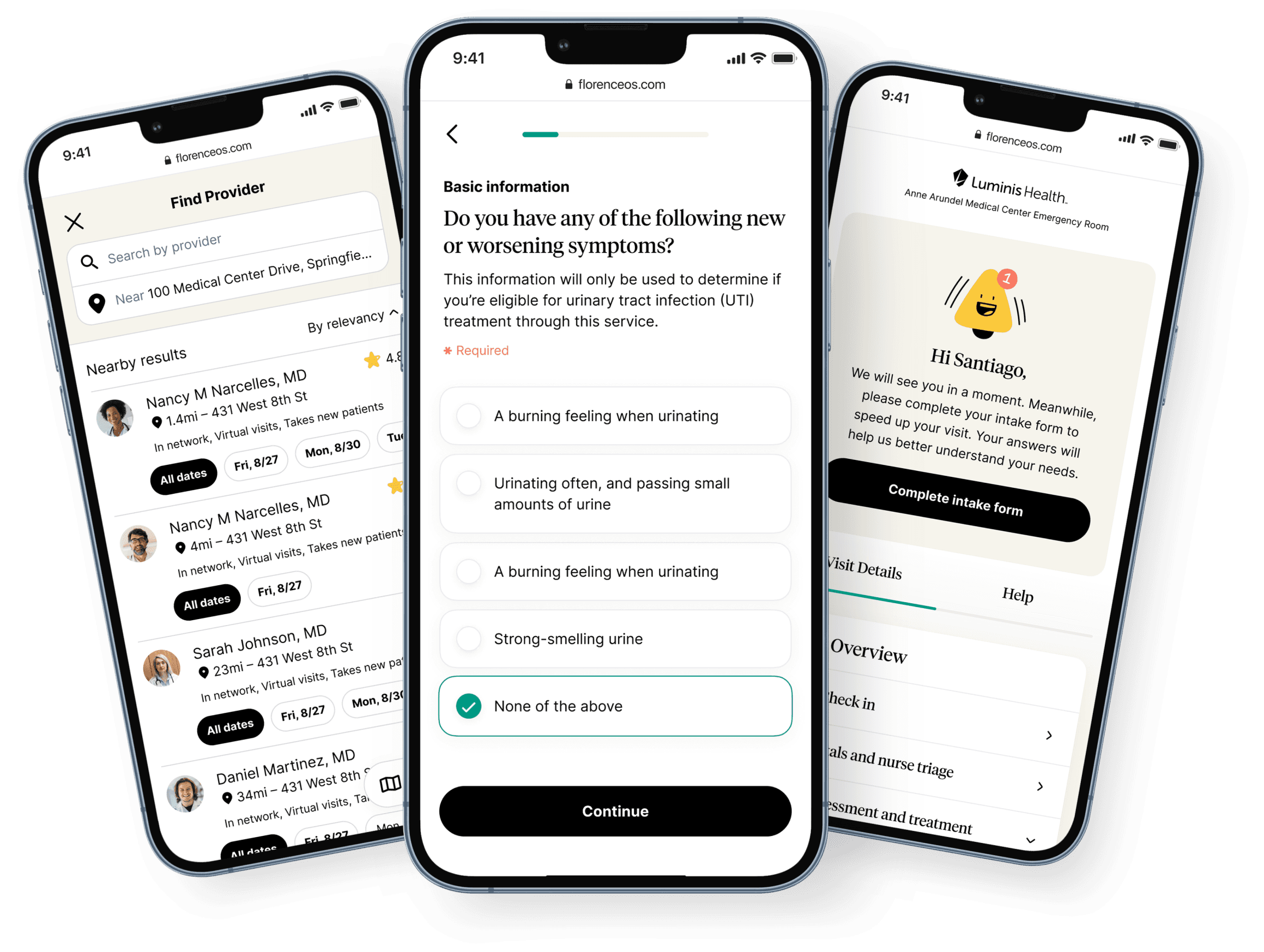 ERG iOS app — three iPhones with intake and provider screens