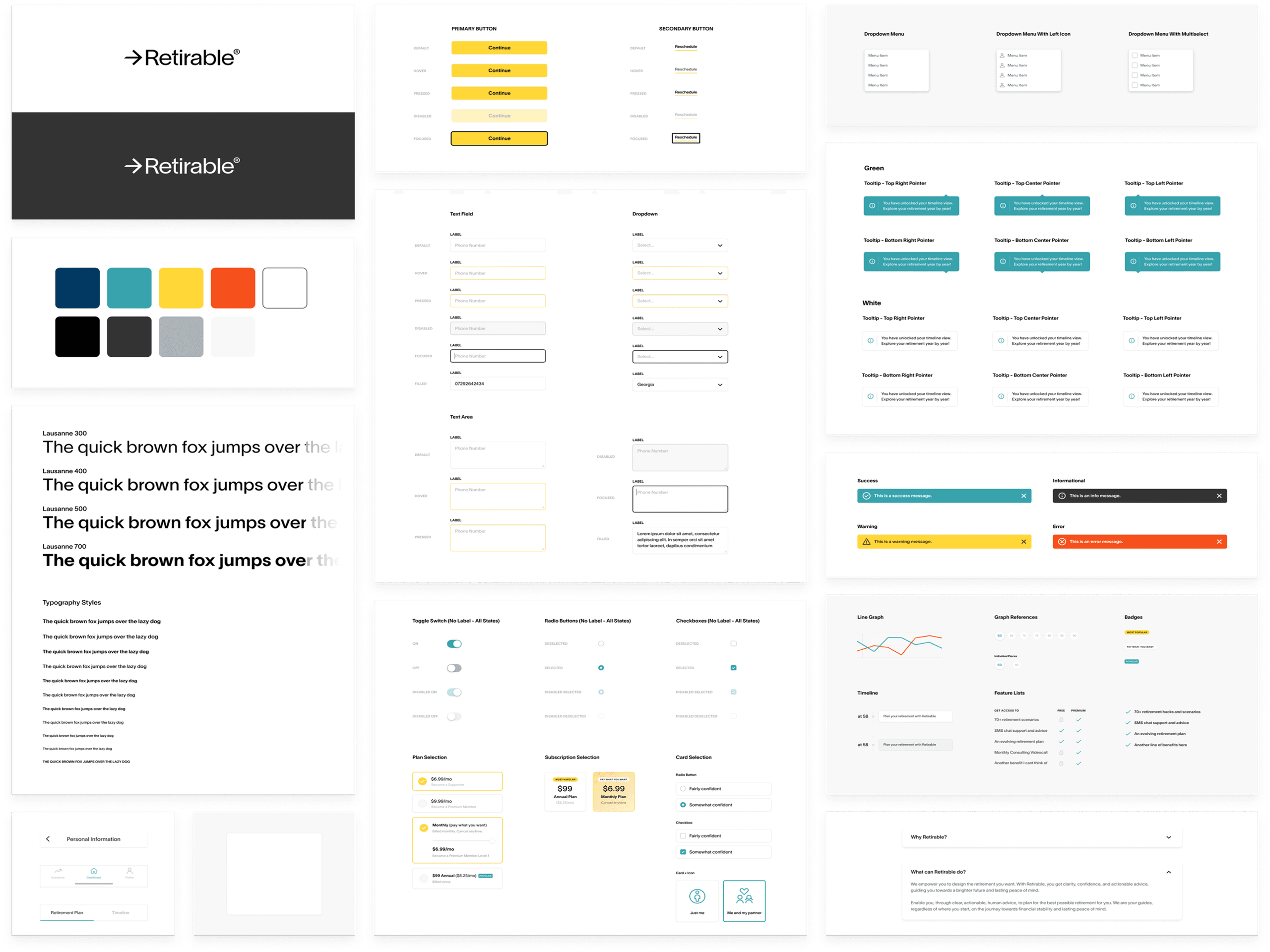 Retirable design system — logo, palette, type, components