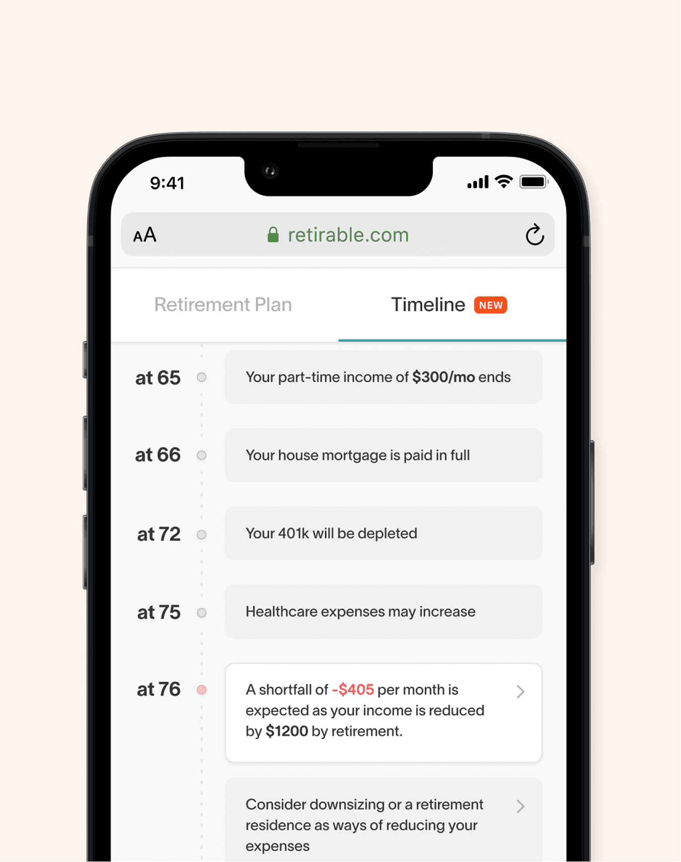 iPhone showing customized retirement timeline