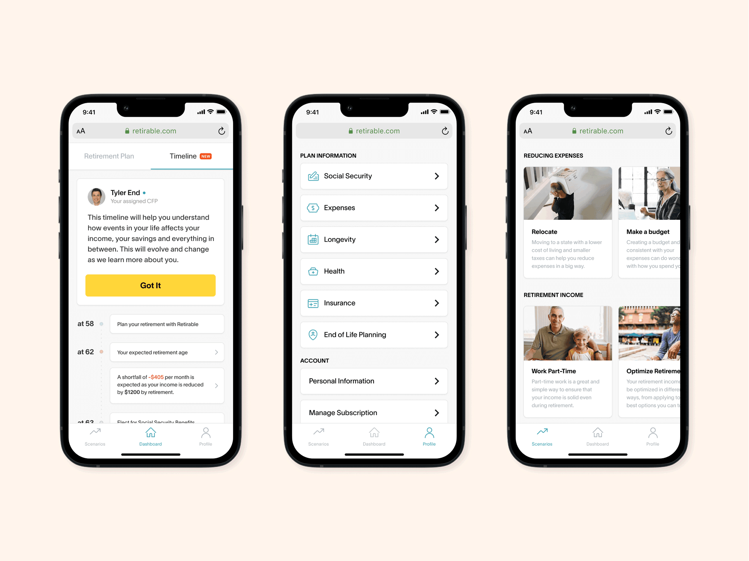 Three iPhones showing plan timeline, plan information, and retirement income screens